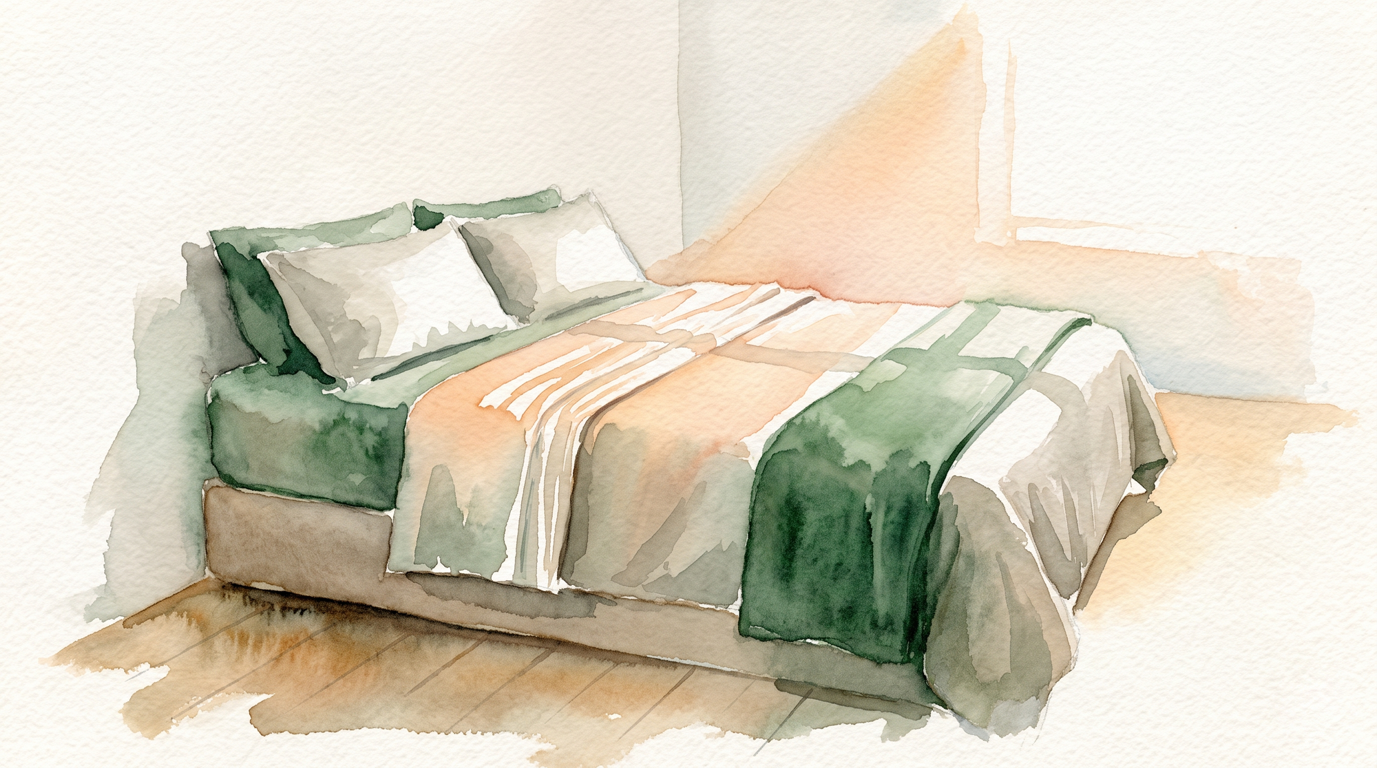 A watercolor of a freshly made bed with the top sheet folded back in a neat band, in bright morning light.