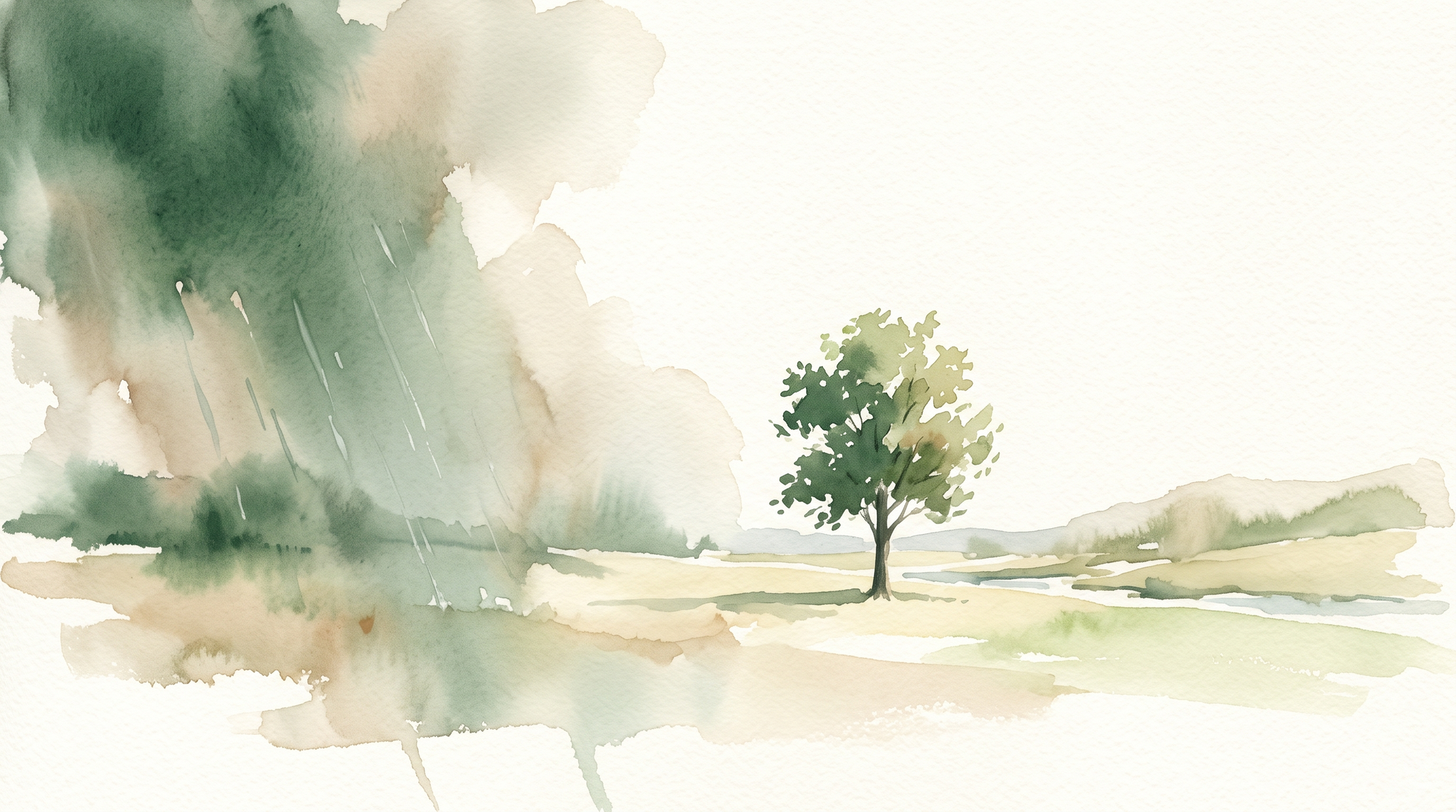 A watercolor of a rain squall leaving an open landscape, most of the sky already clear and sunlight on a single tree.