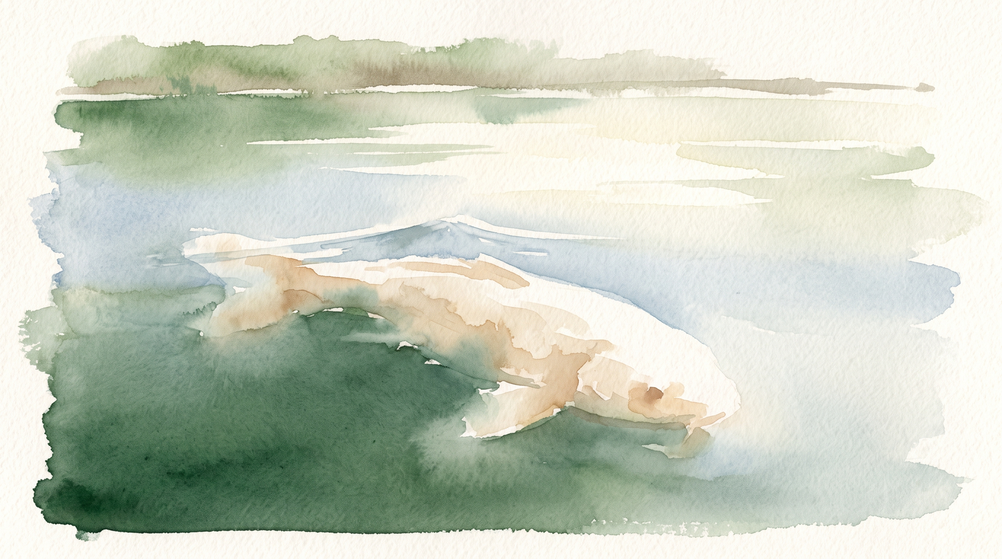 A watercolor of a sunlit pond, its surface still, with a large soft pale shape moving clearly just beneath it.