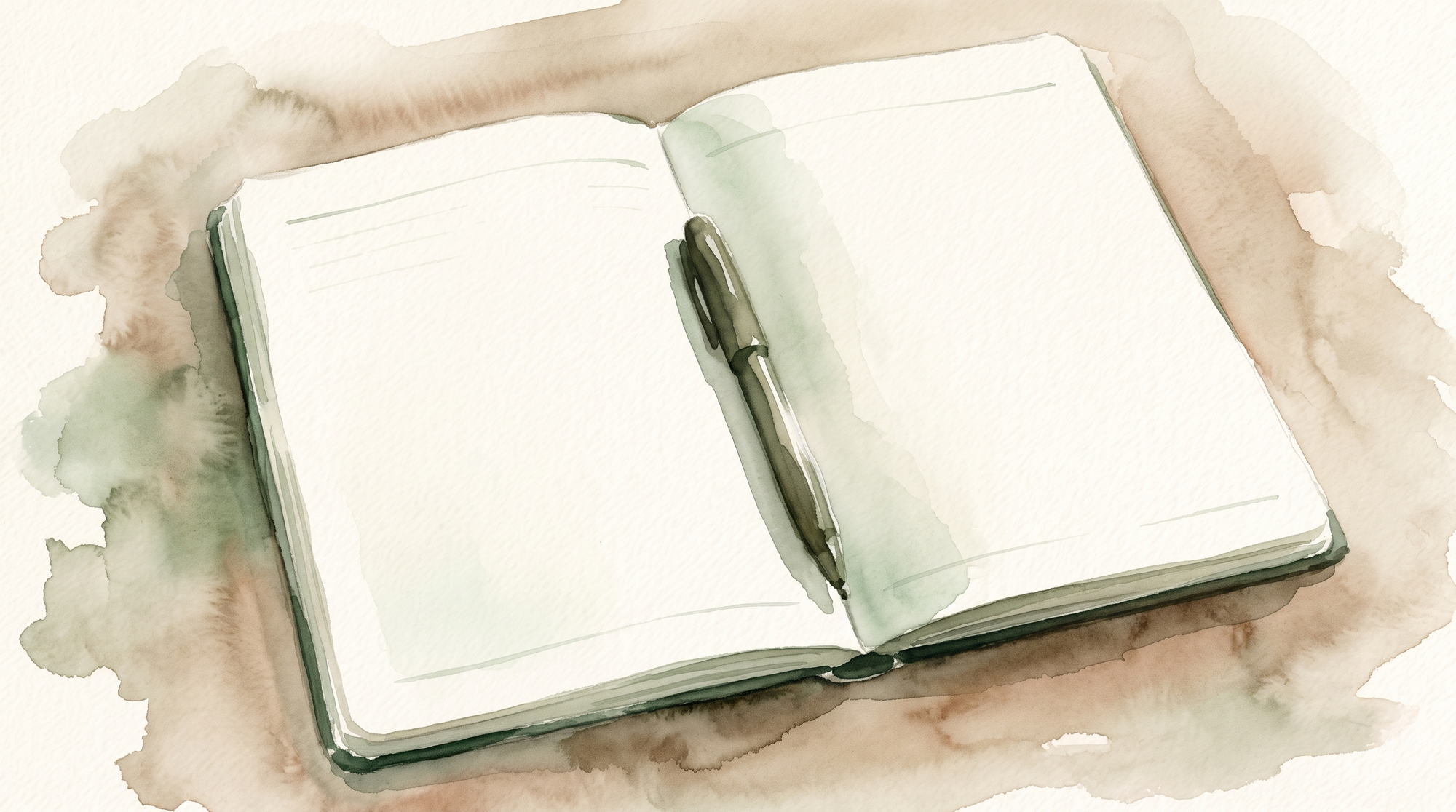 A watercolor of an open blank notebook and a pen on a wooden table in early morning light.