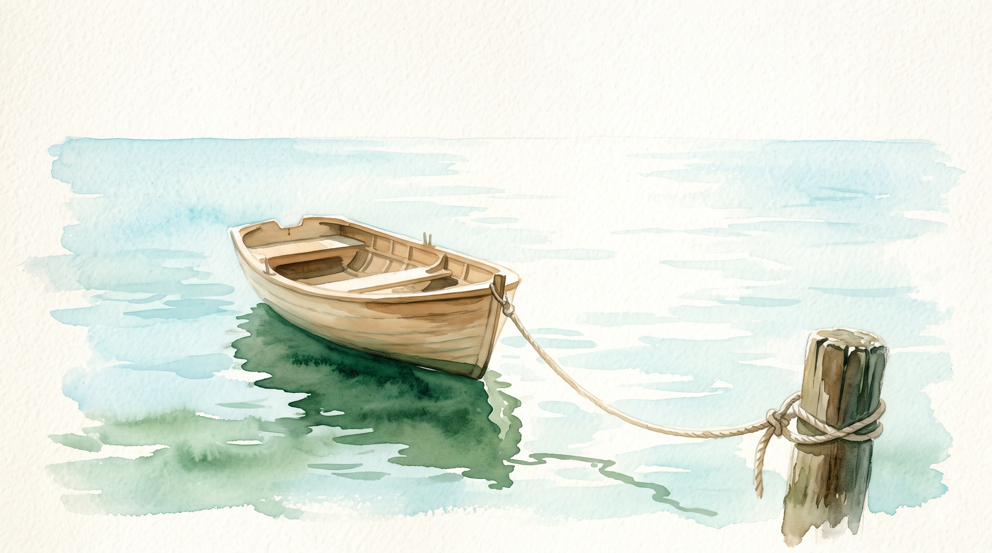 A watercolor of a rowboat on bright open water, held by one loose slipknot a single pull from coming free.
