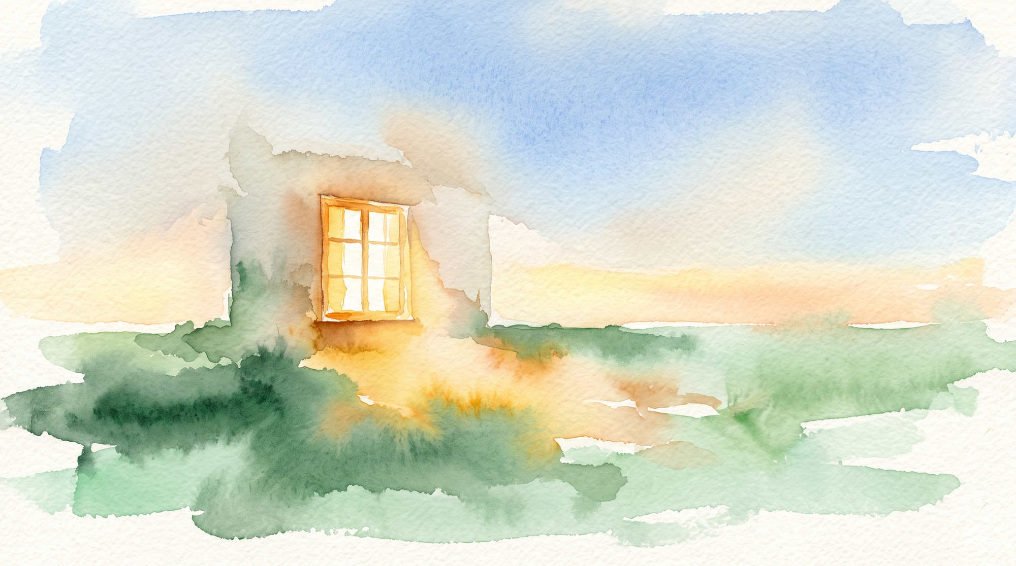A watercolor of a window glowing warm and golden, seen across a quiet meadow in soft early evening light.