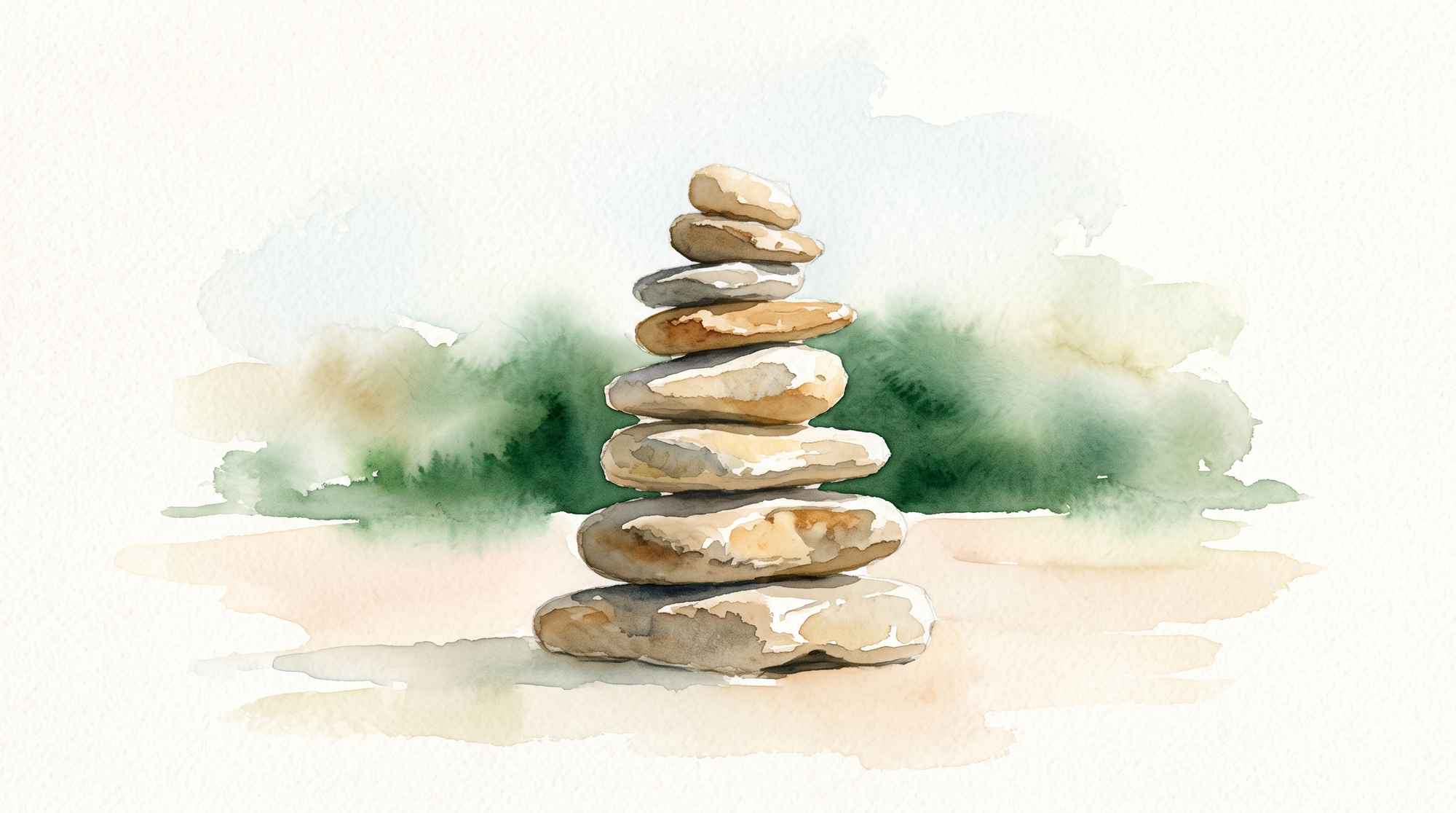 A watercolor of seven flat river stones carefully balanced into a standing cairn.