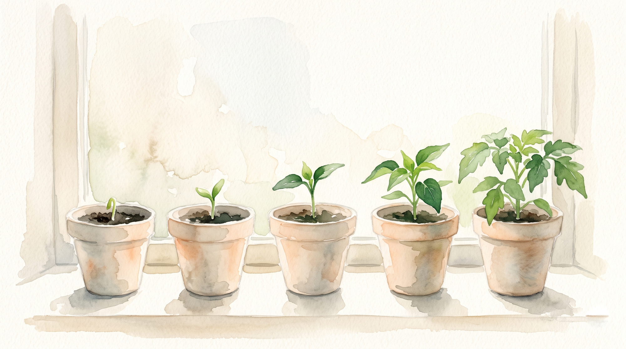 A watercolor of five small pots on a windowsill, each holding the same seedling one stage further along.