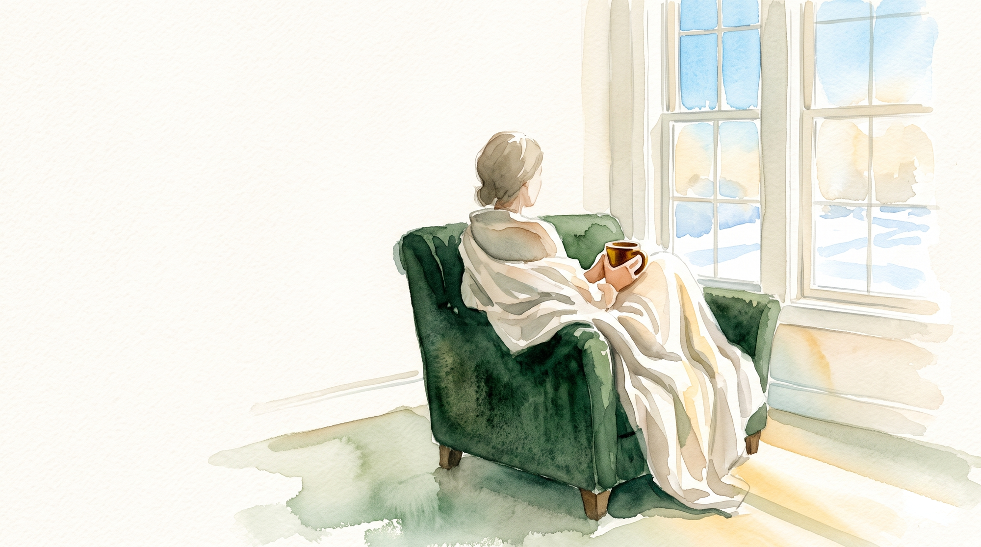 A watercolor of a blanket-wrapped figure seen from behind in an armchair with a warm mug, in bright winter sunlight.
