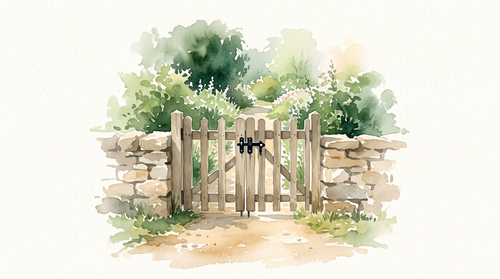 A watercolor of a simple latched garden gate in a low stone wall, the path continuing on both sides.