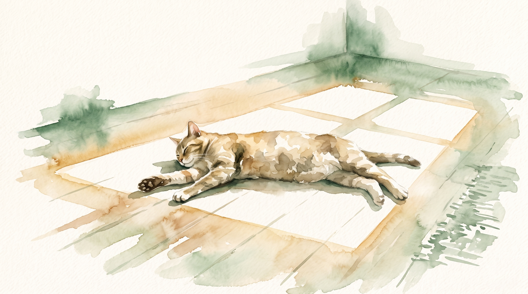 A watercolor of a cat stretched out fast asleep in a warm patch of sunlight on a wooden floor.