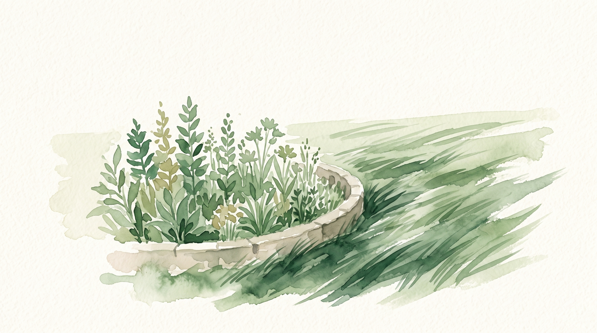 A watercolor of a sheltered garden inside a low stone wall, entirely still, while the grass beyond is bent by wind.