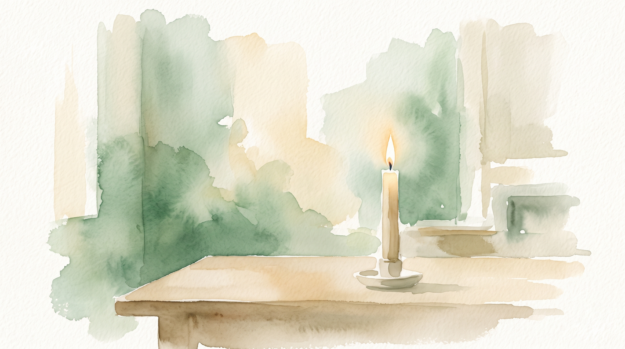 A watercolor of a single candle burning perfectly steady on a table in a calm, softly lit room.