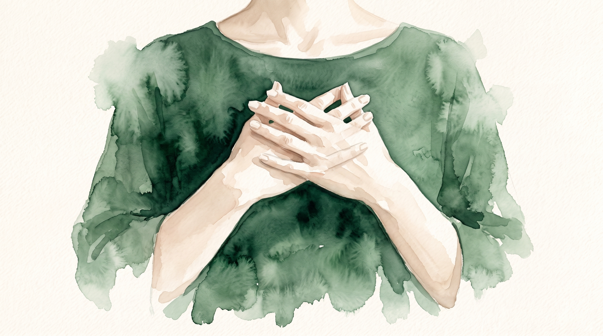A watercolor of two hands resting gently over the center of the chest, cropped below the collarbone.