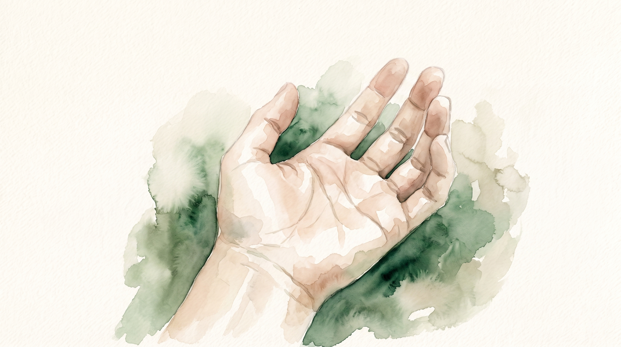 A watercolor of an open hand lying palm-up and completely relaxed, no longer gripping anything.