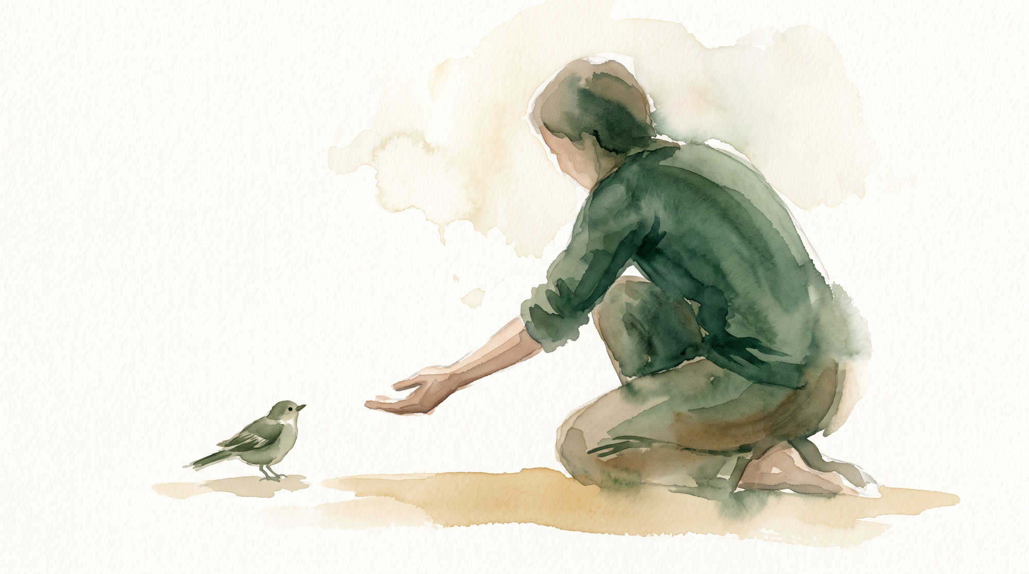 A watercolor of a kneeling figure seen from behind, an open hand held out toward a small bird standing nearby.