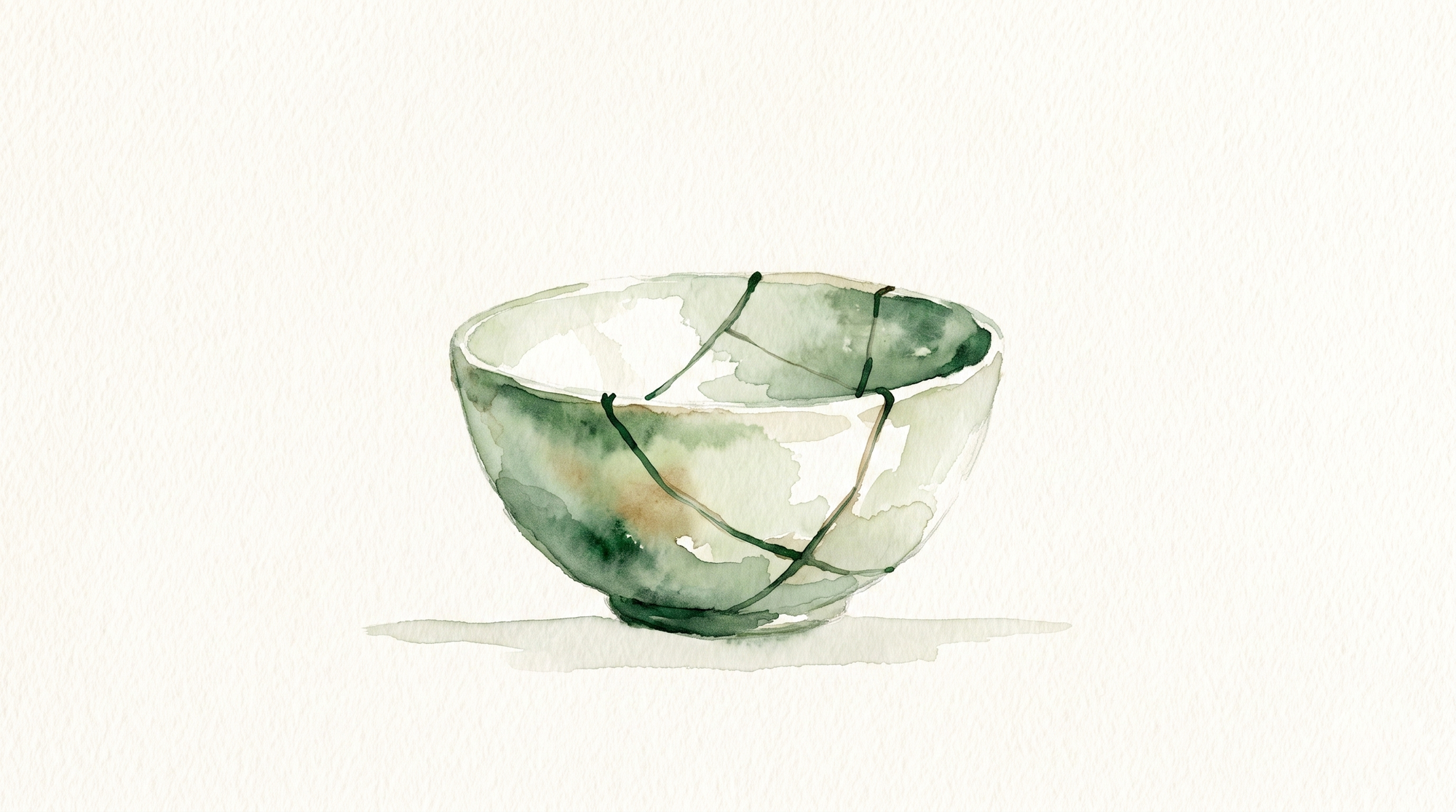 A watercolor of a ceramic bowl that has been broken and carefully mended, its repair seams clearly visible.