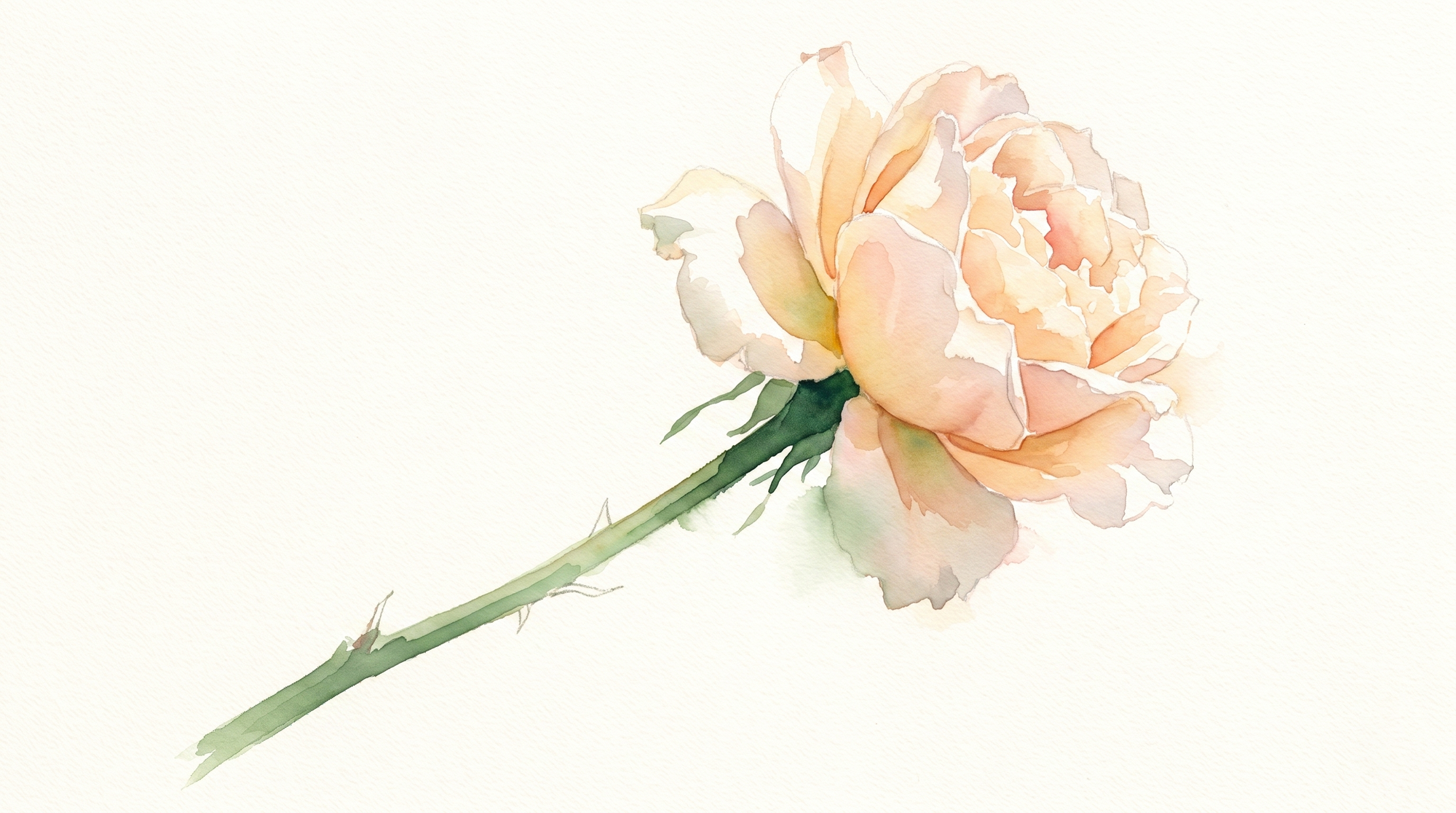 A watercolor of one large open bloom in bright daylight, with a few small thorns understated along the same stem.