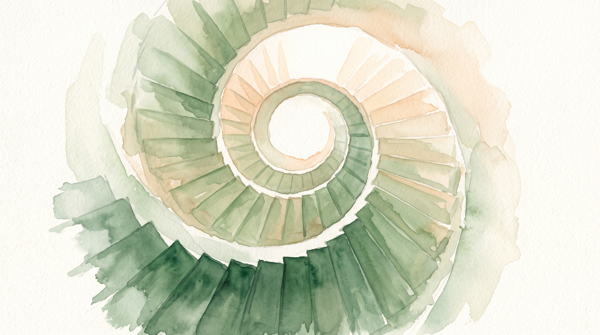 A watercolor of a spiral staircase seen from below, winding upward and opening into bright daylight at the top.