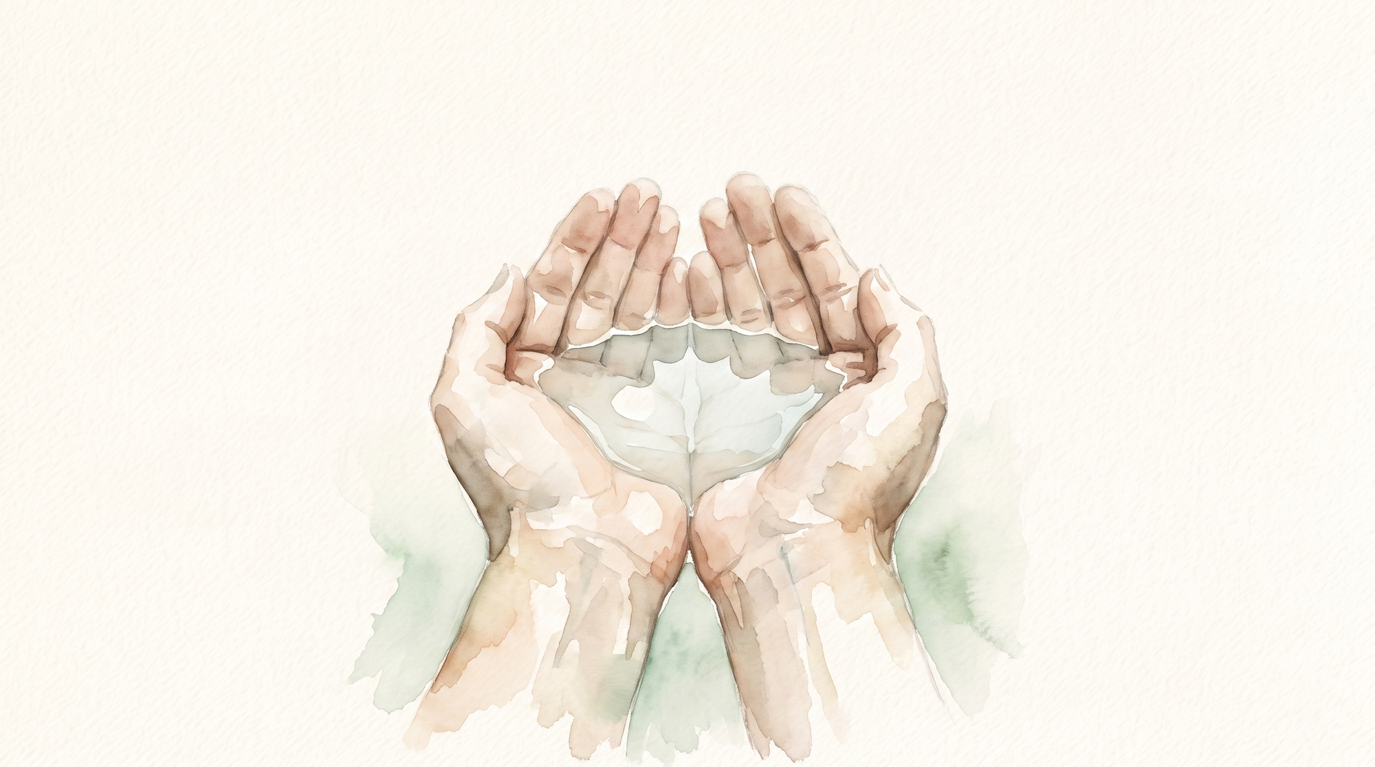 A watercolor of two cupped hands held level, holding a small pool of still water.