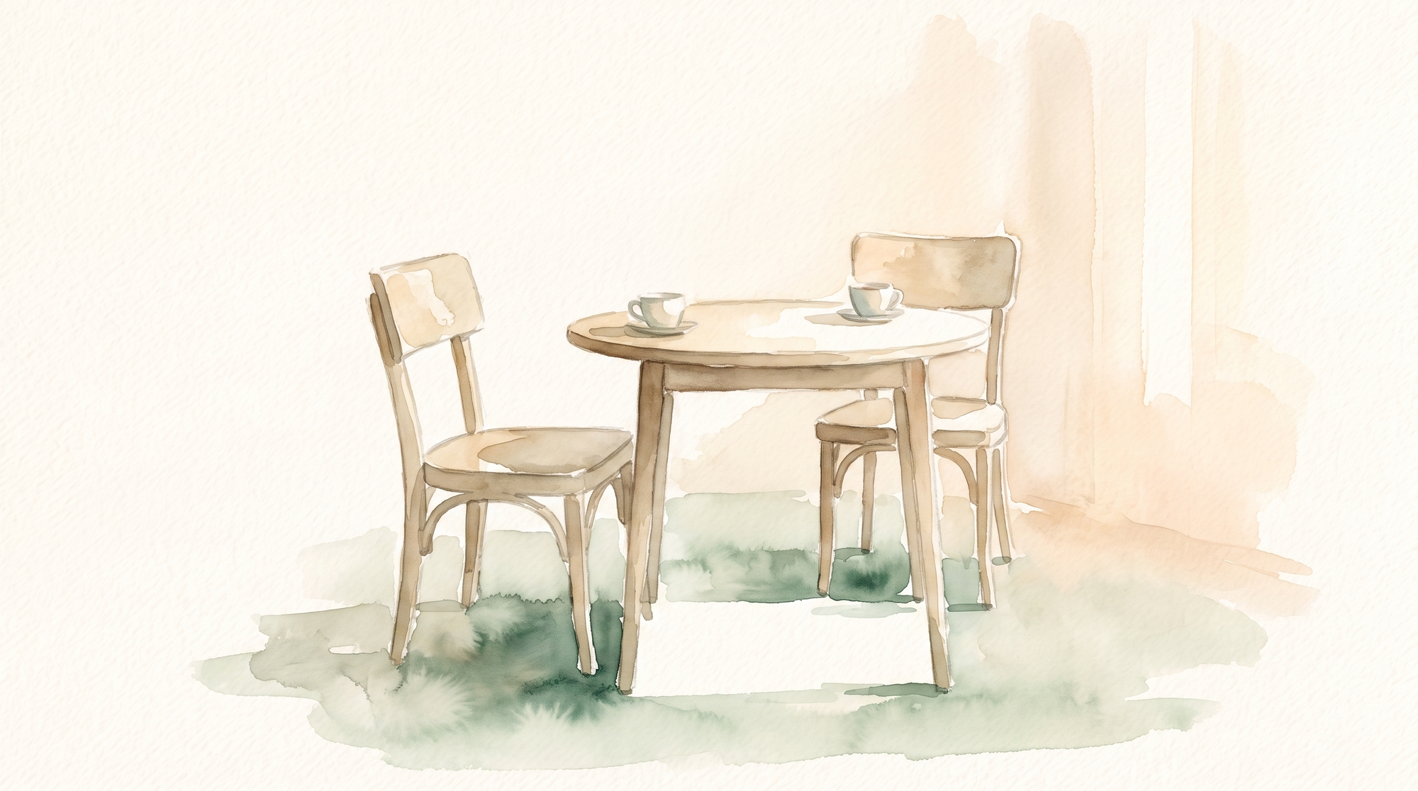 A watercolor of two empty chairs at a small table, set close together with a deliberate gap between them.