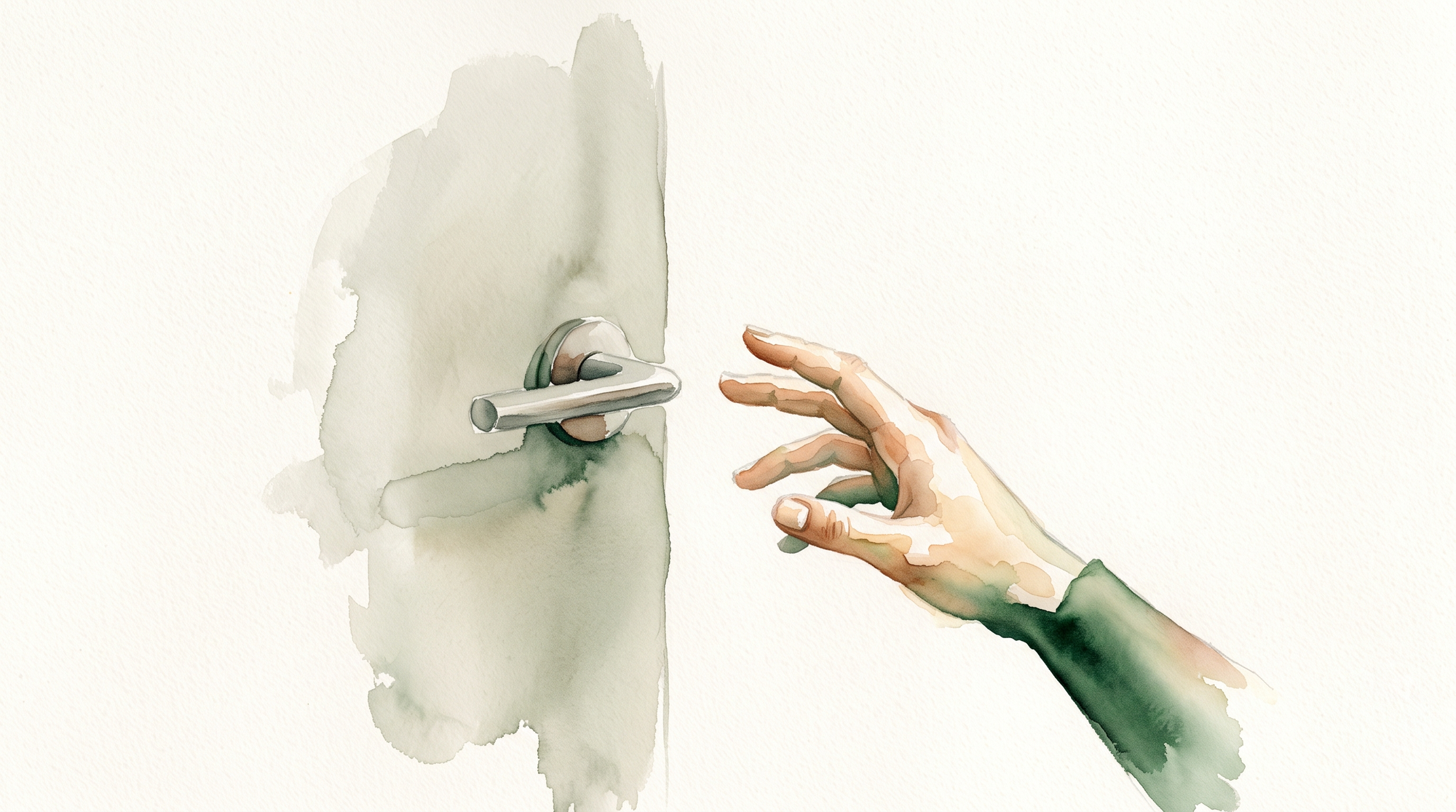 A watercolor of a hand held just short of a door handle, not yet closing around it.