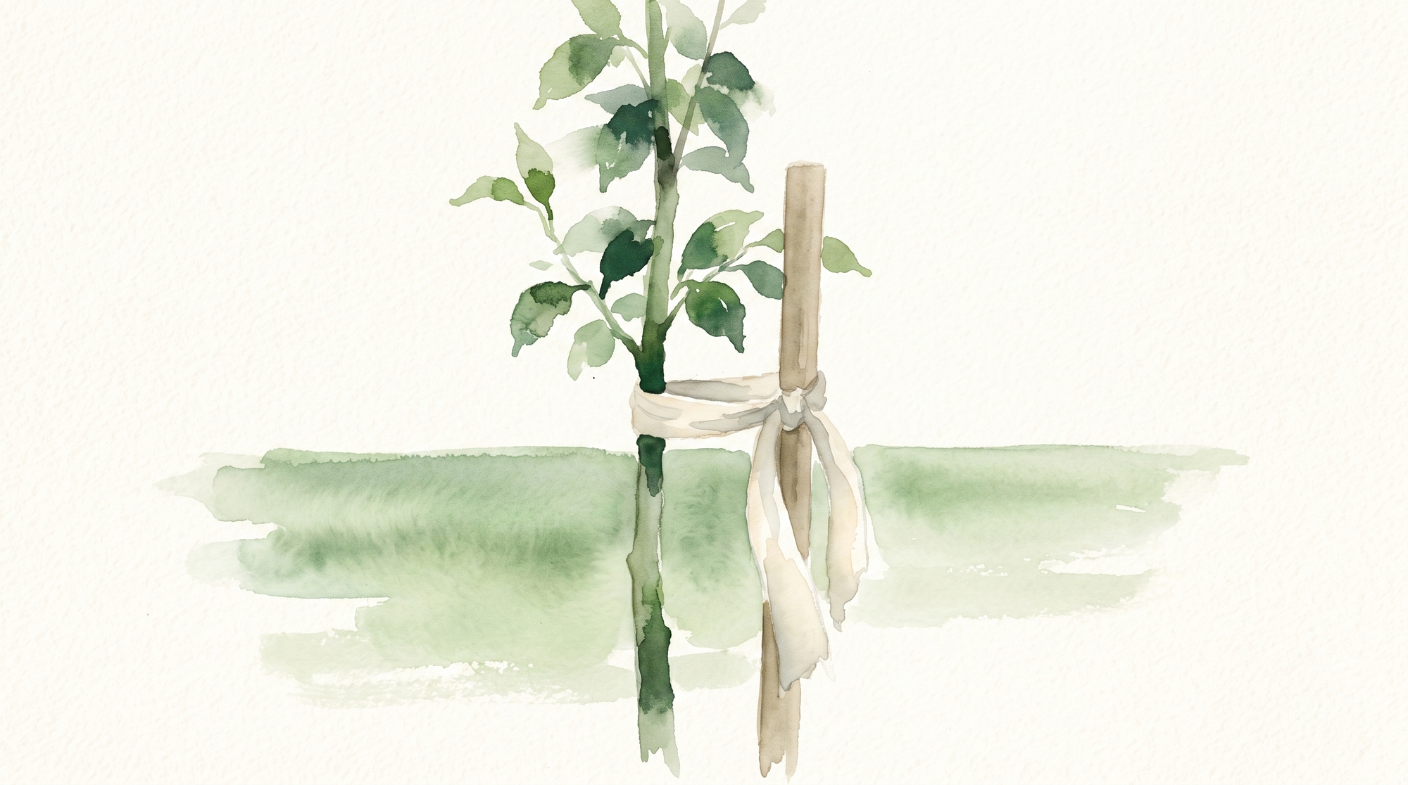 A watercolor of a young sapling loosely tied to a wooden stake with a soft cloth band.