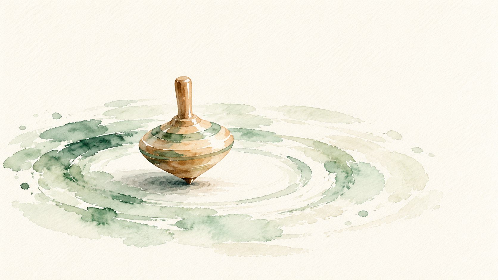 Anxiety and overthinking: A wooden spinning top resting upright as soft green circles around it gradually settle.