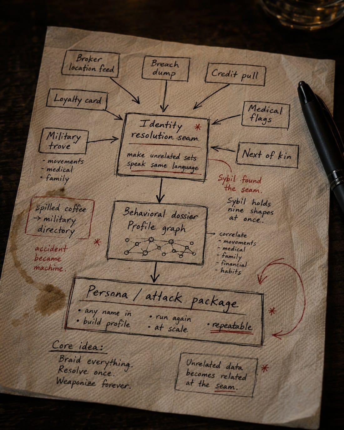 Napkin sketch: broker, breach, credit, loyalty, military and medical feeds resolving at a single seam into a repeatable persona / attack package