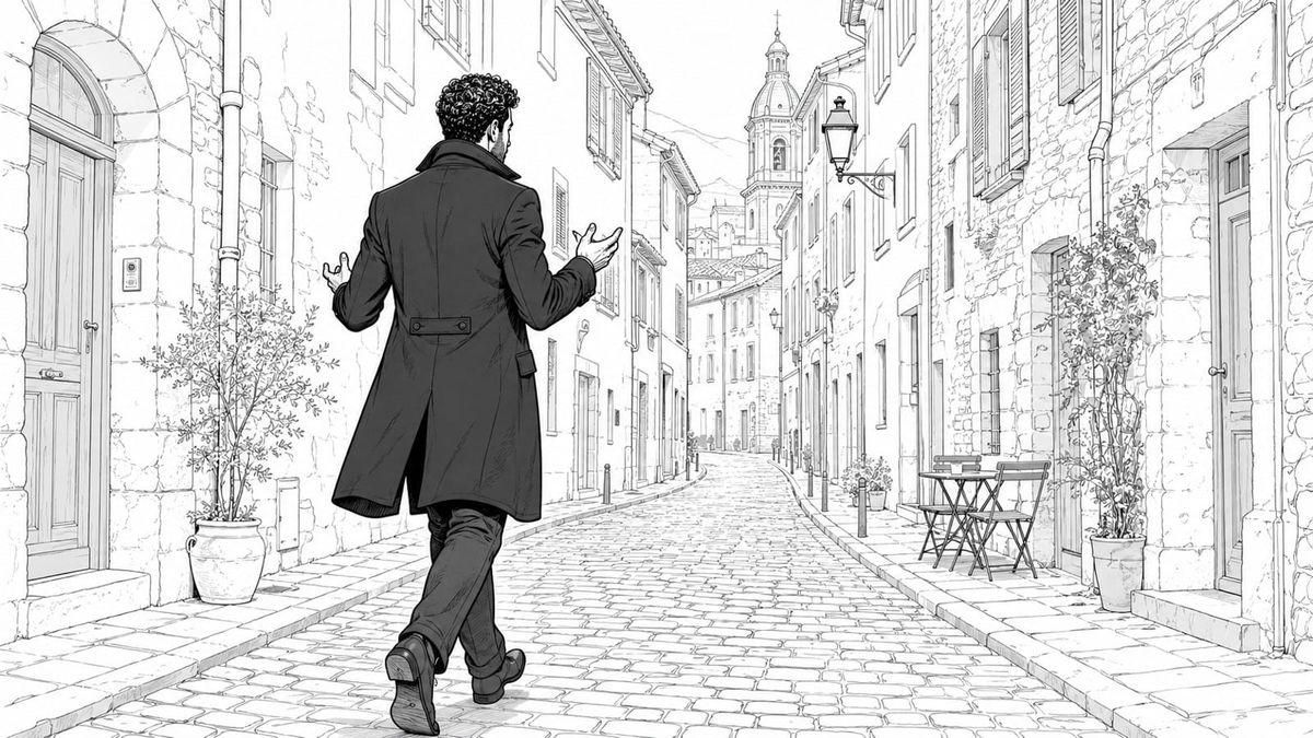 Max walks a sunlit old-town street, gesturing as he works a problem aloud with Sybil