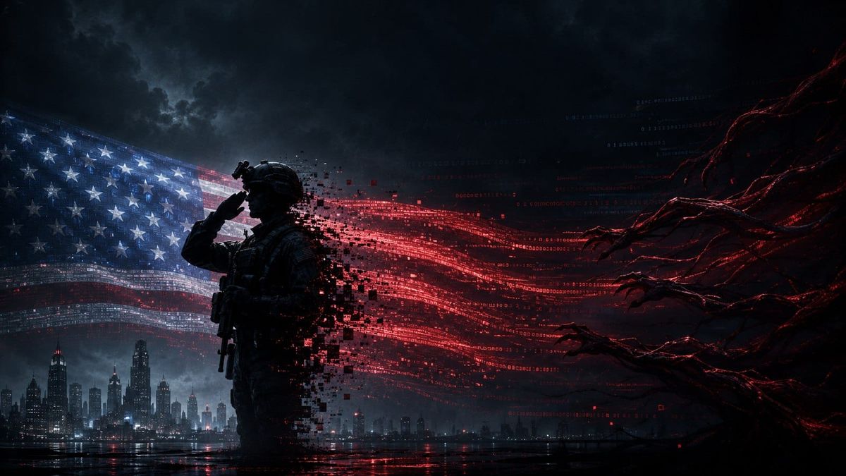 A U.S. soldier salutes as the American flag dissolves into streaming data pulled toward a shadowy adversary