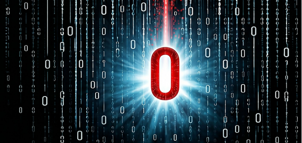 Digital rain of binary zeros surrounds a glowing red zero at center, radiating blue-white light against a dark cyber-themed background.
