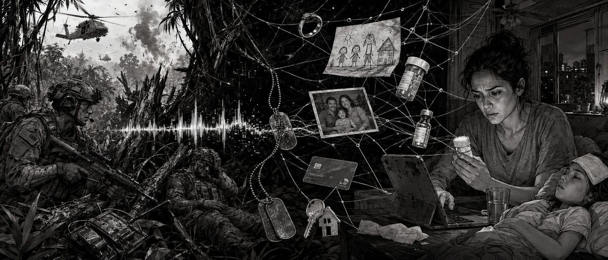 A deployed soldier's war and his family's night at home, braided by a surveillance data web — the collateral souls.