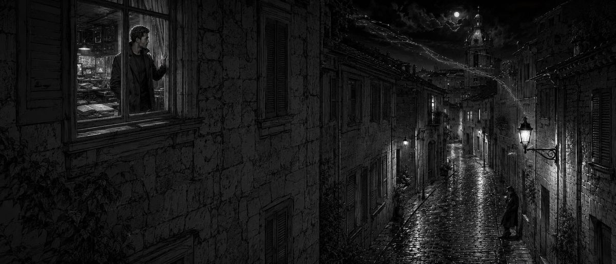 Max at a window of glowing screens, watching a lone figure in a dark European alley at night — the web of surveillance arcing across the city toward his mark.