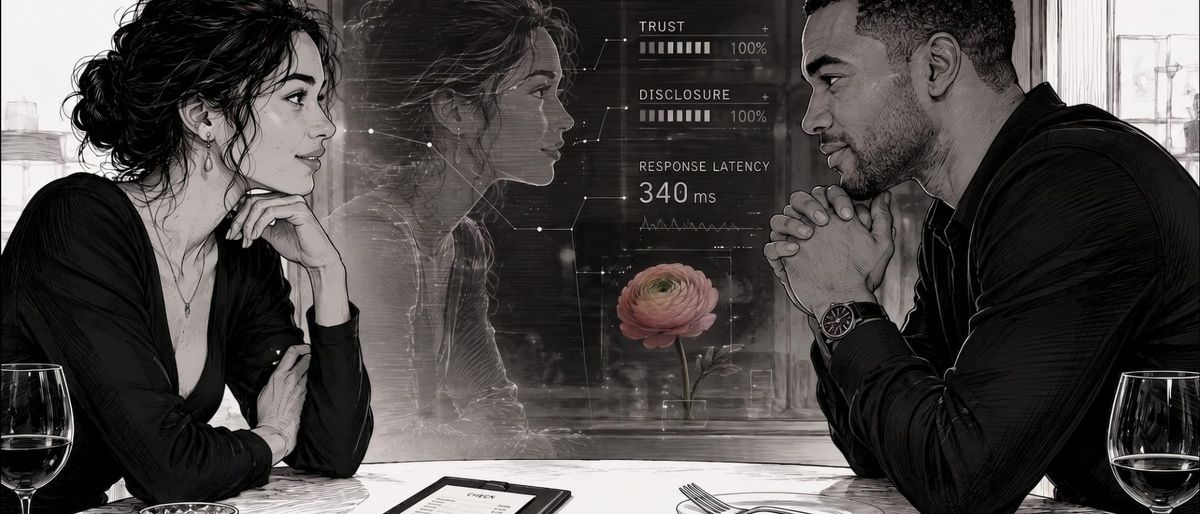 Graphite dinner scene: a couple across a table, her face mirrored between them as trust readouts; one pink flower.
