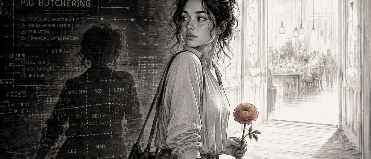 Woman at a lit doorway holds a single pink flower; behind her, a dark wall diagrams her body as butcher cuts.