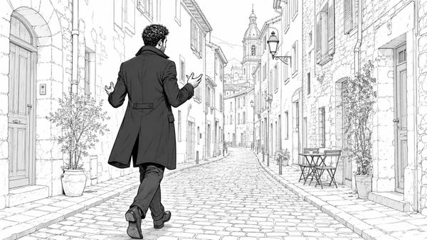 Max walks a sunlit old-town street, gesturing as he works a problem aloud with Sybil