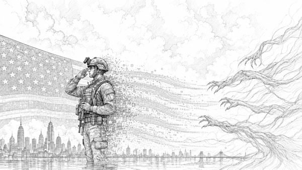 Line-art drawing of a U.S. soldier saluting as the flag dissolves into data drifting toward grasping shadows.