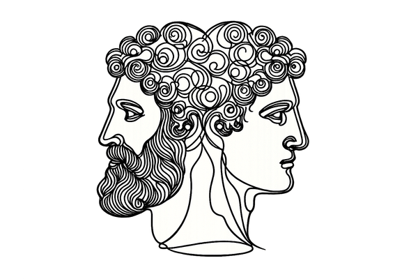 Single-line ink drawing of two-faced Janus — one bearded face looking back, one youthful face looking ahead.