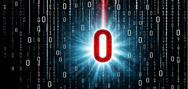 Digital rain of binary zeros surrounds a glowing red zero at center, radiating blue-white light against a dark cyber-themed background.