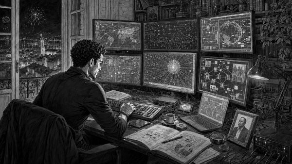 B&W night scene: Max at a wall of glowing surveillance screens — world maps, network graphs, New Year's fireworks outside.