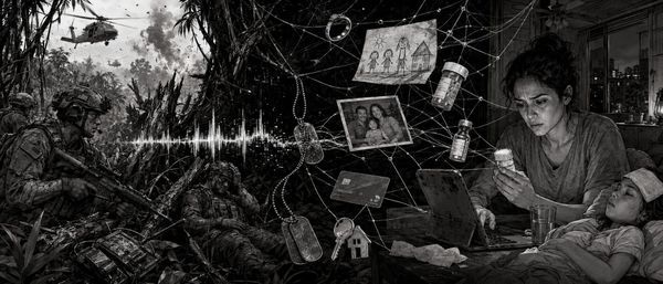 A deployed soldier's war and his family's night at home, braided by a surveillance data web — the collateral souls.