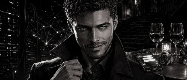 Max as Janus — the cold web-architect on one side, the smooth-talking con man's smile on the other.