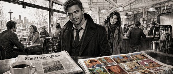 Line art café scene: Max smiles across a table; a Boston Globe comics page holds the only color. Dani approaches behind him.