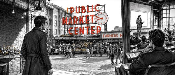 Line art split scene: Max in a long coat before Pike Place Market's red neon sign; at right, Dani lectures as Max watches.