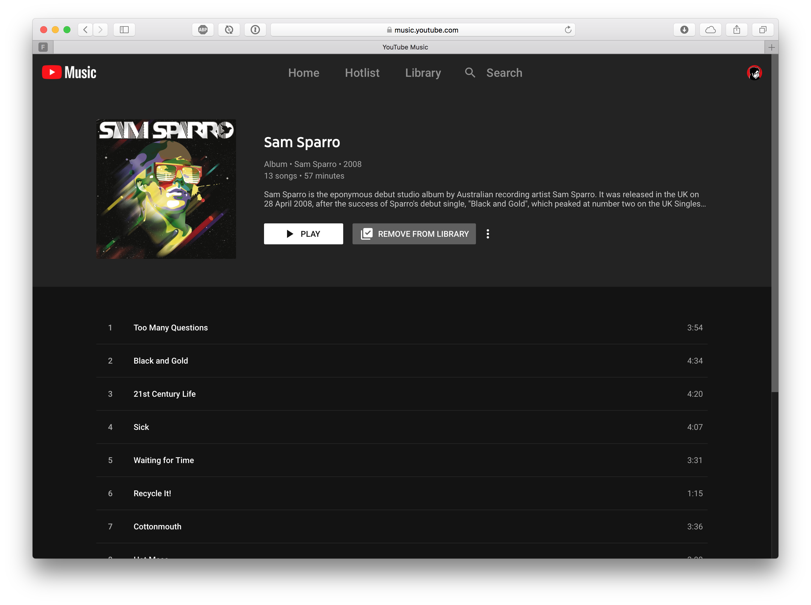 Album page on YouTube Music