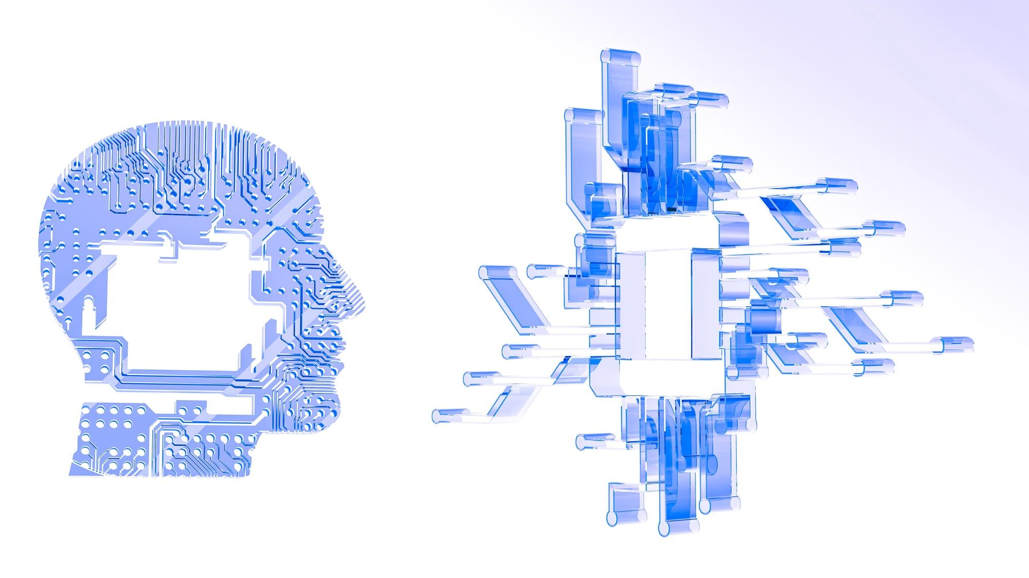 Futuristic AI art with silhouette of head next to circuit board in blue on a white background
