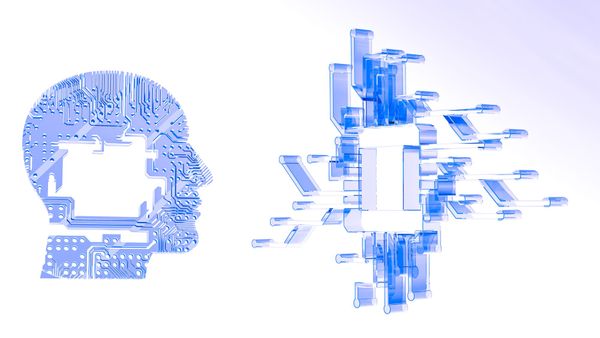 Futuristic AI art with silhouette of head next to circuit board in blue on a white background