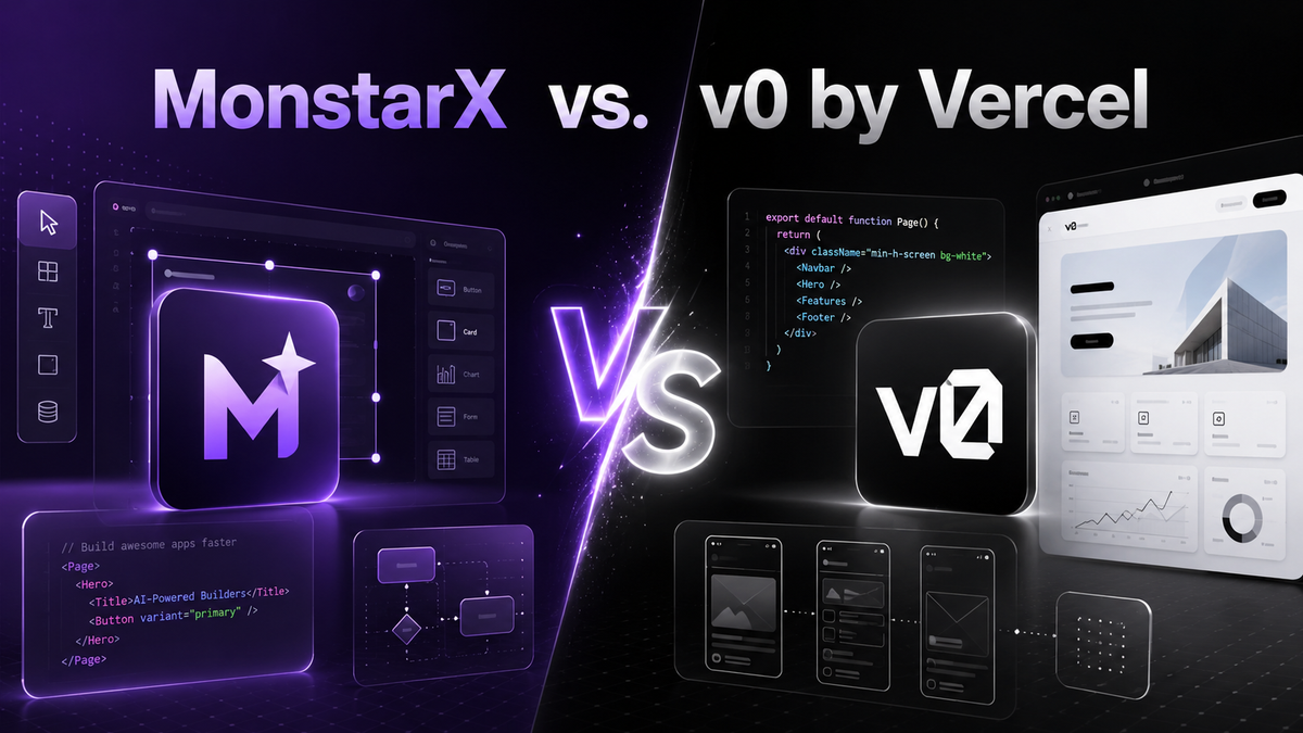 MonstarX vs. v0 by Vercel: Full-App Agent Platform vs. UI-First AI Generator
