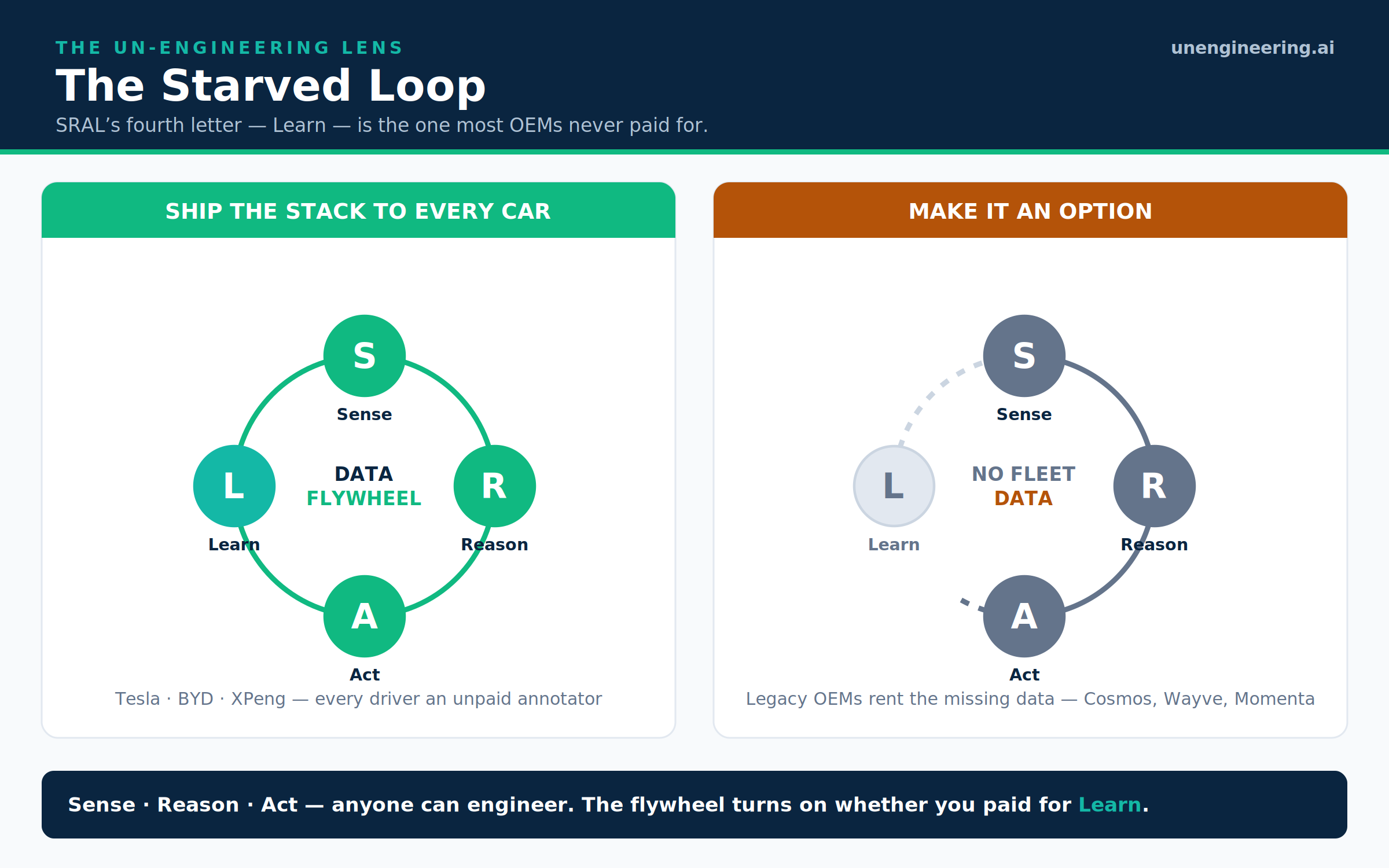 SRAL's fourth letter is the one most OEMs never paid for. Ship the stack to every car and the Learn loop closes into a data flywheel; make it an option and the loop starves.