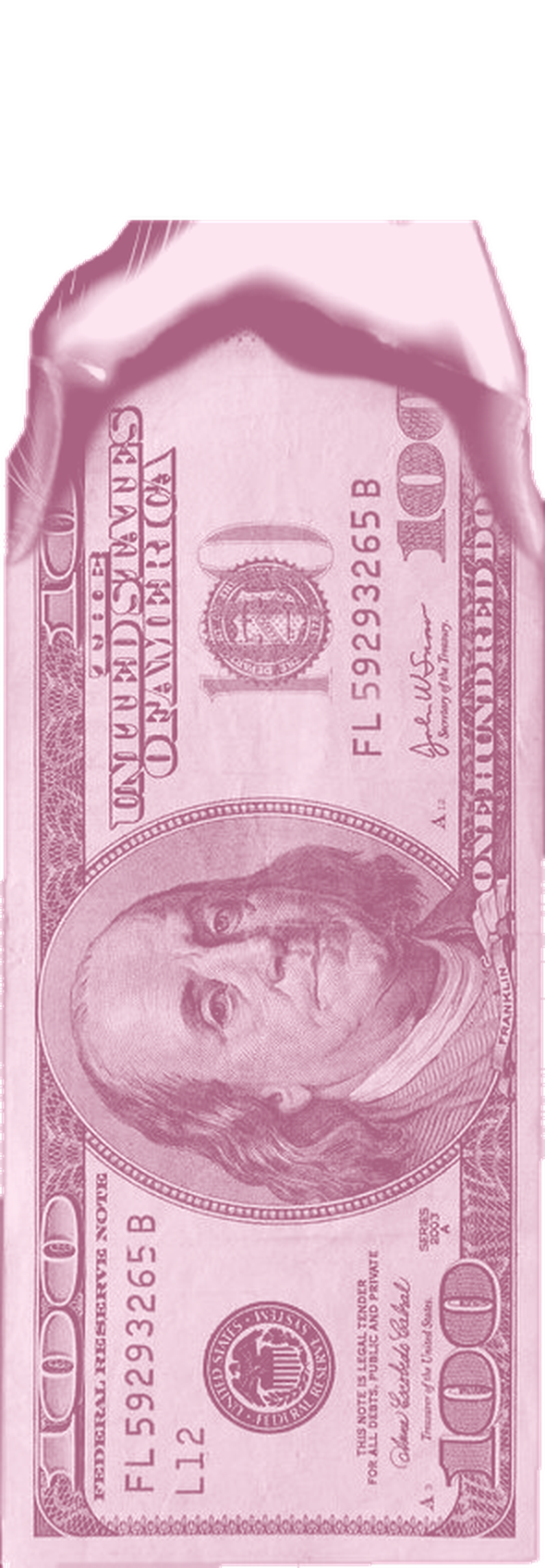 A baby pink hundred dollar bill on fire