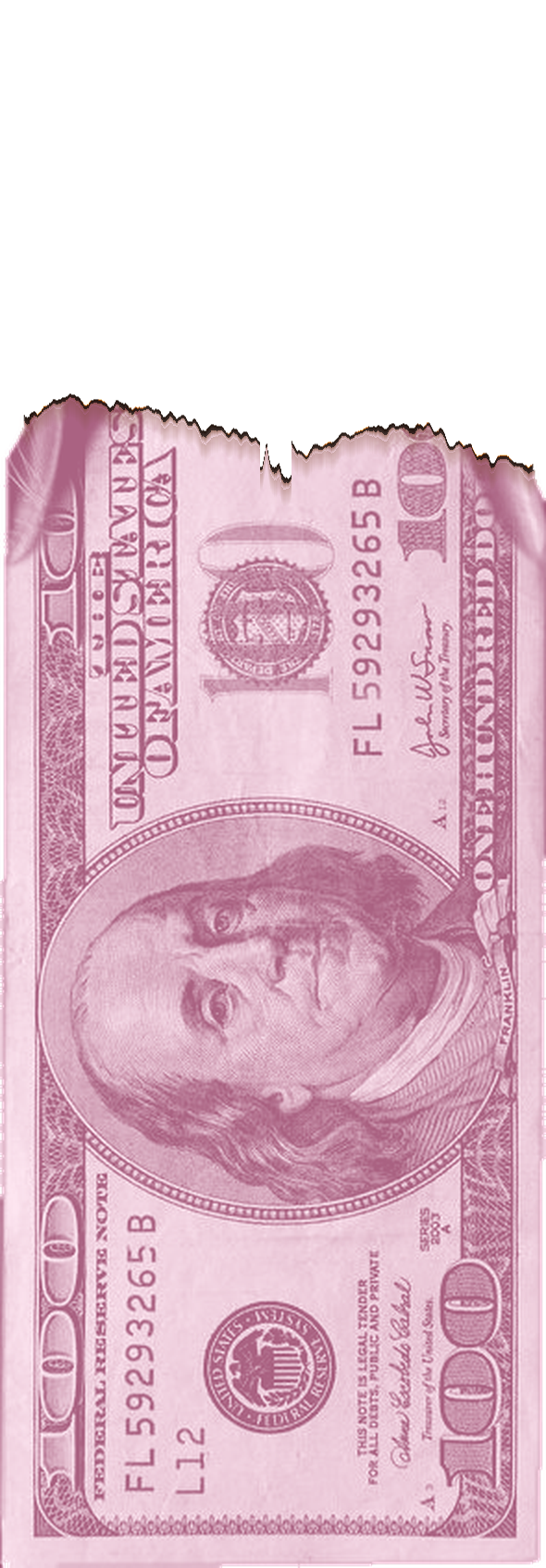 A baby pink hundred dollar bill on fire