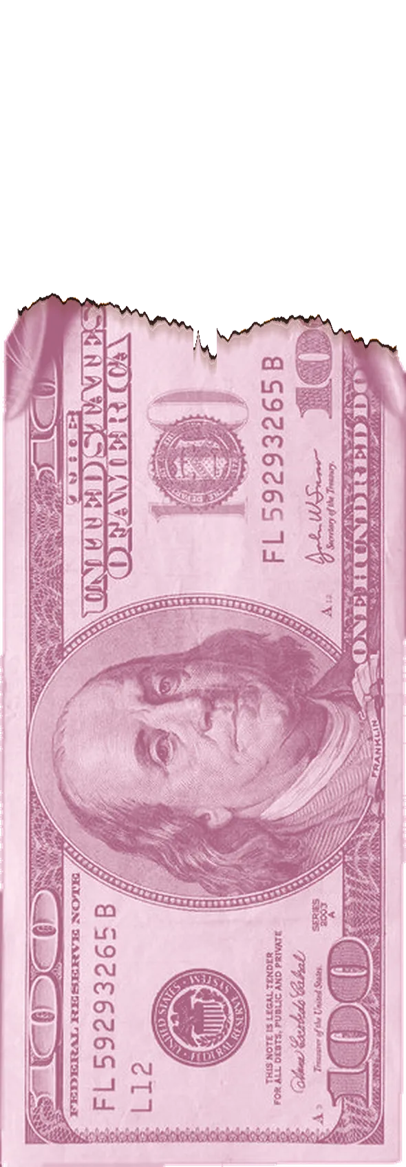 A baby pink hundred dollar bill on fire