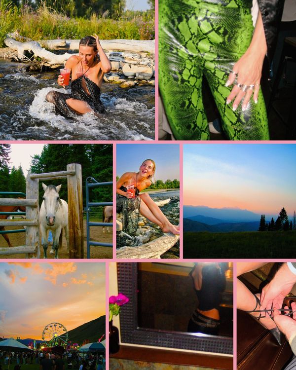 Kara Hobby’s Wilson Mom summer in eight photos: a river splash, neon snakeskin trousers, a white horse, driftwood, a Teton dusk, a Ferris wheel, a mirror selfie and heeled sandals